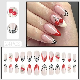 24Pcs French Tip Press on Nails Medium Almond Shaped False Nails Red 3D Cherry Fake Nails with Leopard Print Designs Glossy Stick on Nails Reusable Acrylic Press on Nails for Women Girls