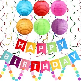 CAVETEE Birthday Decoration for Women, Rainbow Party Decorations with Colorful Happy Birthday Banner Paper Flag Bunting Paper Circle Confetti Garland Swirl