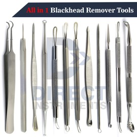 12Pcs Blackhead Remover Kit Tweezers Whitehead Treatment Acne Pimple Popper Blemish Pores Comedone Extractor Removal Tools