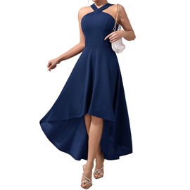 DRESSTELLS Cocktail Dress for Women 2025 Spring Wedding Guest Halter High Low Formal Dresses Petite Party Church Funeral Dress Navy S