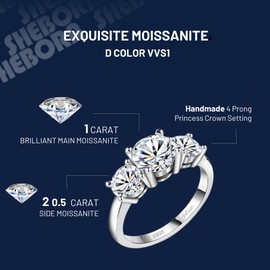 Engagement Rings for Women, Sheborn 2CT 3 Stone Moissanite Diamond Promise Rings with 18K Gold-coated 925 Sterling Silver Band D Color VVS1 Round Cut, Gift for Mum, Wife, Girlfriend