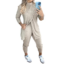 CHICME 2 Piece Long Sleeve Lounge Sets for Women Mock Neck Button Slit Top and Stretchy Cuffed Pants Set Fall Leisure Wear Sets for Women Beige-M