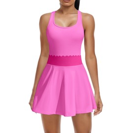 ATTRACO Tennis Dresses 2 Piece Athletic Skirts Racerback Sports Golf Dress Hot Pink Workout Dress L