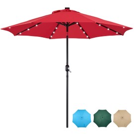 Yaheetech 9FT Solar Powered Patio Umbrella - UV Protection Market Table Umbrella w/ 32 LED Lights & Push Button Tilt & Crank Lift System for Garden/Lawn/Deck/Backyard/Pool,Red