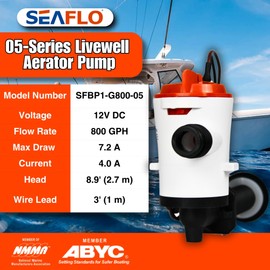 SEAFLO 05 Series 800 GPH Angled Baitwell/Livewell Pump- 12V DC, Detachable Motor, Corrosion-Resistant Submersible Aerator for Freshwater and Saltwater Use - CE & Rohs Certified-4 Year Warranty