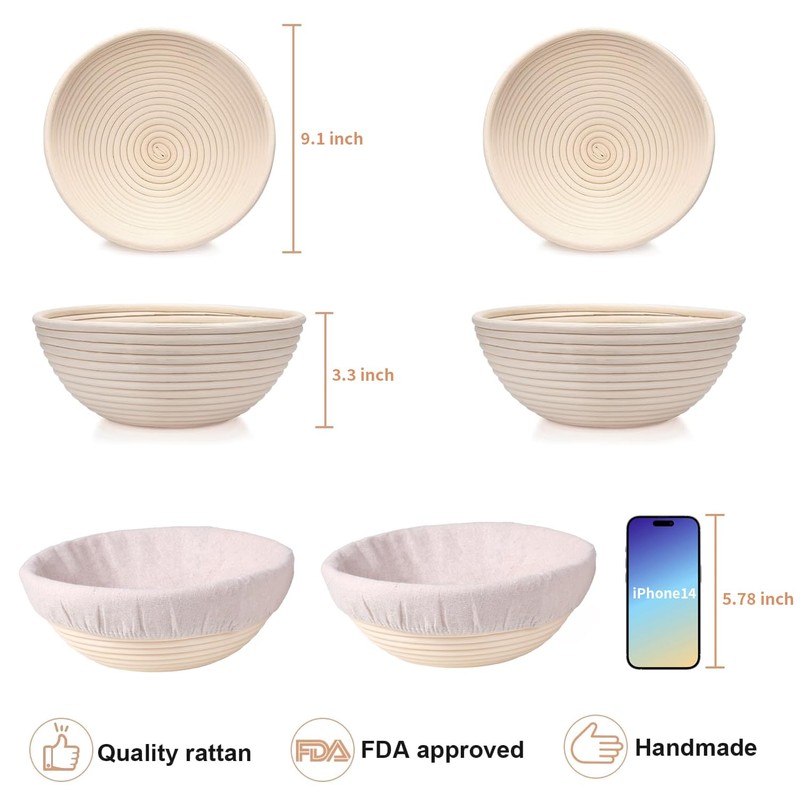 Banneton Bread Proofing Basket Set of 2, 9 Inch Round