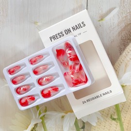 LPOODDNU White Leaf Press on Nails Glossy Red Fall Fake Nails Almond Shape False Nail Tips with Line Designs Medium Length Fall Press on Nails Gradient Glue on Nails Stick on Nails for Women