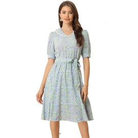 Allegra K Women's Vintage Peter Pan Collar High Waist Flowy Midi Puff Sleeve Floral Dress Small White Floral