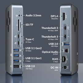 Docking Station 15 in 1 Thunderbolt 3 USB C Hub, 2 x Thunderbolt 3 Port, Max 60W Charging for Laptop, 8K@30Hz Display, 5 x USB-A, 2 x USB-C Data, Ethernet, Optical Audio, Audio, SD/TF