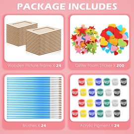 Barydat 52 Pcs Picture Frame Painting Craft Kit Includes 24 Pcs 3'' x 5'' Unfinished Wooden Picture Frames 24 Pcs Painting Tools and 4 Bags Eva Stickers Art for Kids Classroom DIY Painting Projects