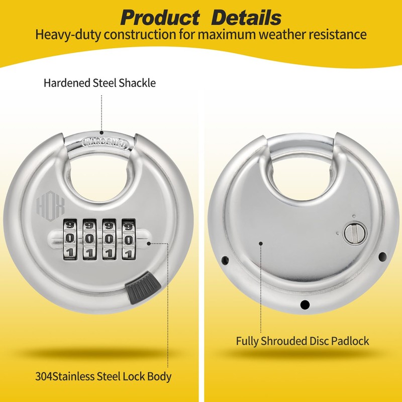 HOX Combination Lock, 4 Digit Disc Padlock with 3/8 Inch