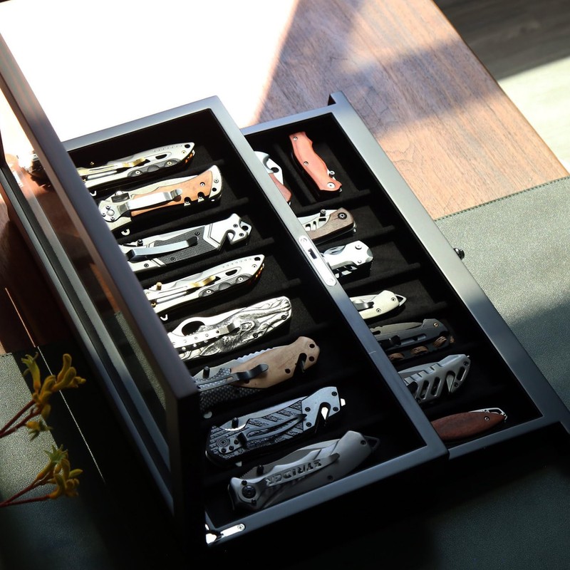 Bonaking Knife Display Case Two-Tier Pocket Knife Case Box Storage