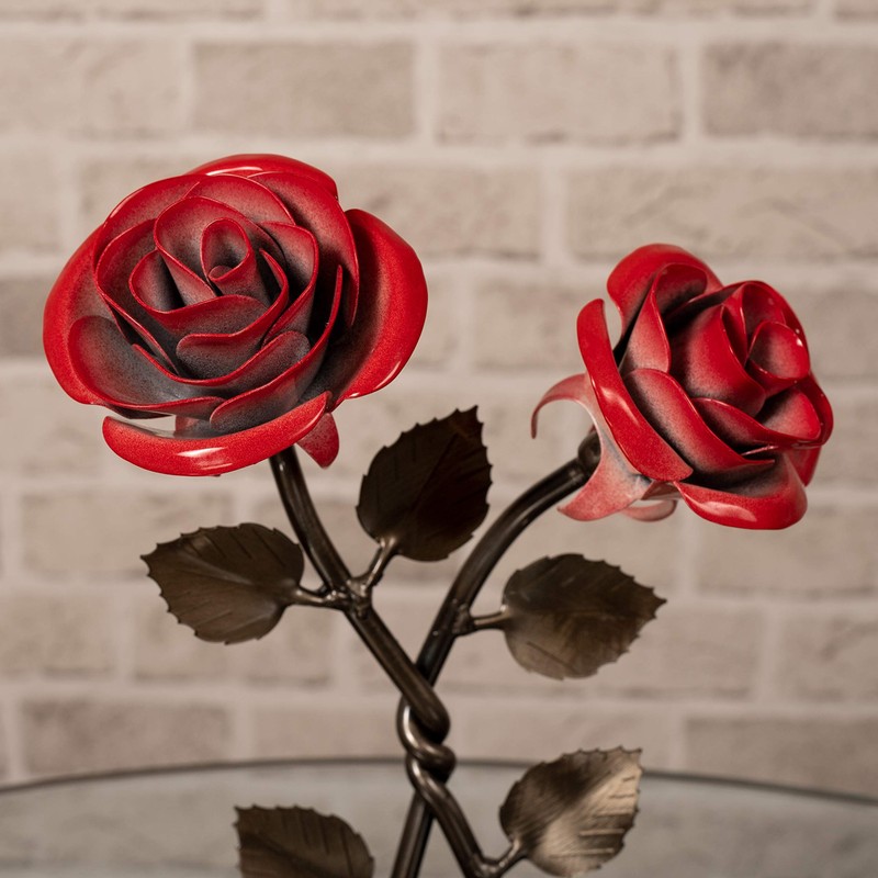 Hand-Forged Wrought Iron Double Red Metal Rose with Twist -