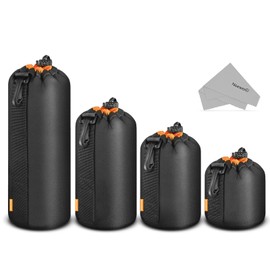 Neewer Camera Lens Pouch (4-Pack, 4-Size)- Thick Protective Bag with Drawstring Design, Orange Interior, Soft Plush Neoprene Bag for Sony, Canon, Nikon, Pentax, Olympus, Panasonic DSLR Lens