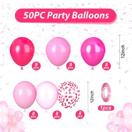 Hot Pink Balloons, 50pcs Pink Girl Balloons, Pearl Macaron Pink Balloons, Hot Pink Confetti Balloons for Girls Woman Princess Birthday Party Baby Shower Gender Reveal Wedding Bridal Shower Decor