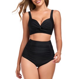 RELLECIGA Women's Two Piece Swimsuits V Neck Twisted Bathing Suits Tummy Control Bikini Set, Black, Small