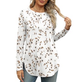 OFEEFAN Long Sleeve Tops for Women Going Out Crewneck Floral Tunic Tops Loose Fit Dressy Plus Size Spring Clothes XXL