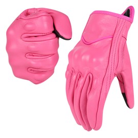 shamofeng Women Pink Genuine Leather Motorcycle Gloves Full Finger Knuckle Protection Touchscreen Compatible for BMX ATV MTB Riding, Road Racing, Cycling, Climbing, Motocross