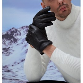 YISEVEN Winter Men's Touchscreen Warm Lambskin Leather Gloves Wool Lined Classical Urban Style Three Point Genuine Sheepskin For Dress Driving Motorcycle Work Gifts, Brown 10.0"/XL