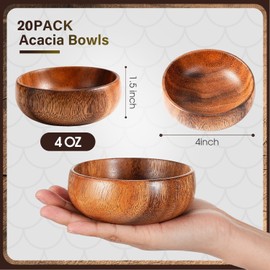 Skylety 20 Pcs Acacia Wooden Bowls Small Calabash Bowls Round Wood Salad Hand Carved Calabash Dip Tray for Serving Popcorn Pasta Coconut Nuts Sauce Appetizers Home Kitchen (4 Inch)