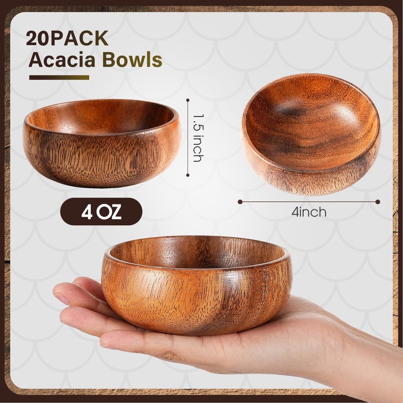 Skylety 20 Pcs Acacia Wooden Bowls Small Calabash Bowls Round