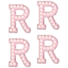 sourcing map 10Pcs Iron on Letters Patches, Letter R Rhinestone Pearl Alphabet Applique English Letter Sew on Patch for DIY Clothing Hat Bag, White Pink