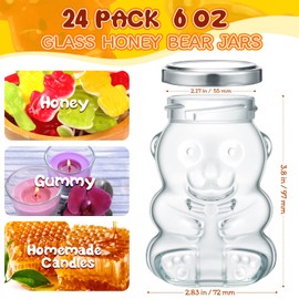 Patelai 24 Pack 6 oz Glass Bear Shaped Honey Jars with Lids Reusable Small Tilted Bear Glass Bottles Containers Dispenser for Candies, Birthday Wedding Party Favors(Classic, Silver)