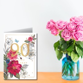 Words and Wishes Female 90th Birthday Card - Gorgeous Floral Design - Gold Foil Lettering