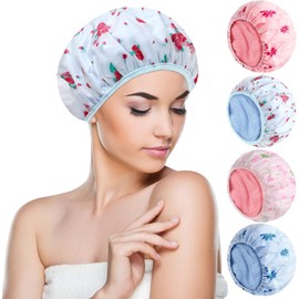 4 Pcs Lined Shower Caps Reusable Bath Caps for Women Waterproof Shower Soft Bath for Hair Care Dry Hair Women Ladies Girls Spa Salon (Flower and Cherry, One Size)