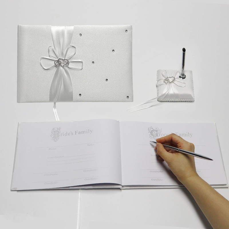 Wedding Guest Book and Pen Set with White Satin Bow,