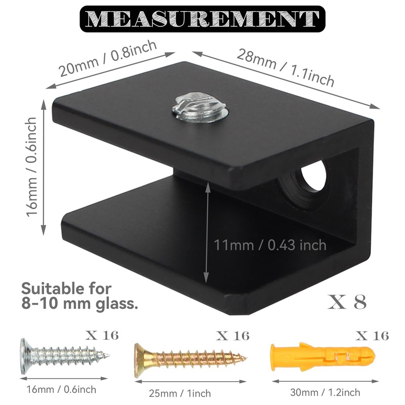 WANLIAN 8 Pcs Glass Shelf Brackets Aluminum Alloy Glass Clamp