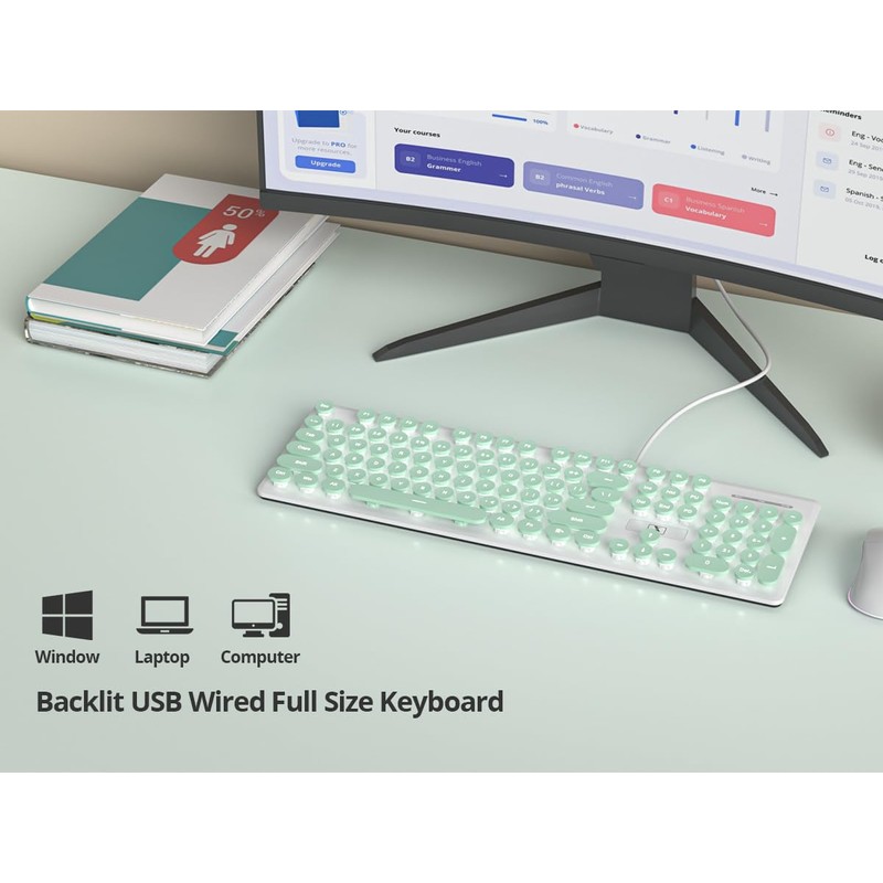 iRoboosta Quiet Keyboard Wired Membrane Keyboard Green, Full Size 104