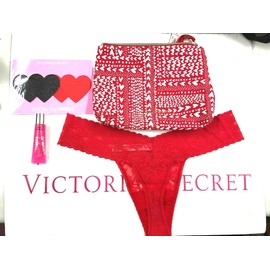 Victoria's Secret Red Heart Cosmetic Makeup Clutch Bag Gift Set Lip Gloss Thong
