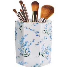 LEAZUL Pencil Holder for Desk Organizer,Ceramic Writing Utensil Storage Organizer Aesthetic Floral Pattern Pen Holder Pen Cup Makeup Brush Holder Creative Gift for Desktop Supplies,School Life Blue