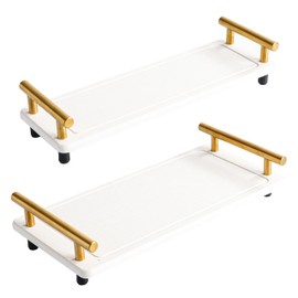 BLISSJU 2Pcs Instant Dry Sink Caddy, Water Absorbent Diatomite Tray for Sink, Stone Drying Tray with Metal Handle, Keeping Kitchen and Bathroom Tidy and Clean (White & Gold Handle, Large & Small)