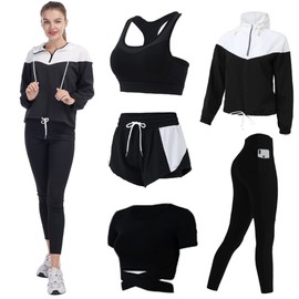 QIANKOY Workout Outfits Set for Women 5 Piece Tracksuit Set Yoga Tennis Athletic Activewear Set(Black01,L)