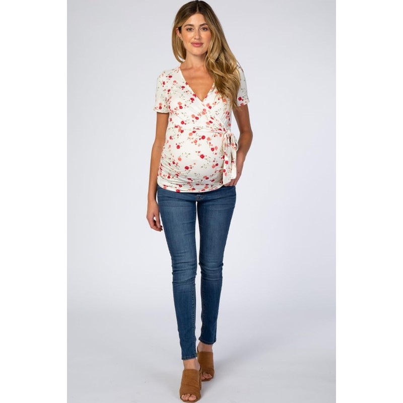 PinkBlush Ivory Floral Wrap Fitted Maternity/Nursing Top
