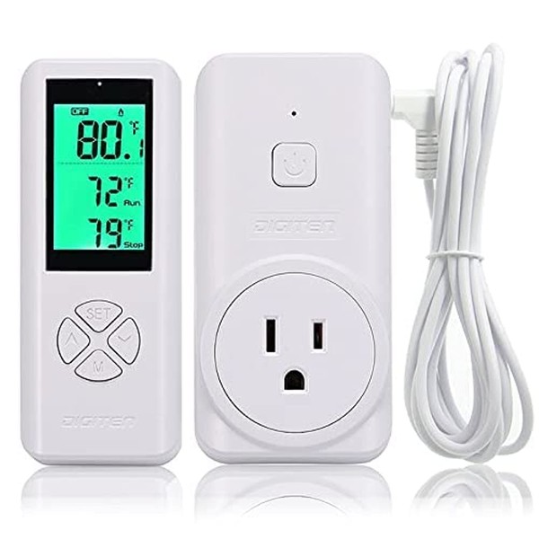 DIGITEN WTC200 Wireless Temperature Controller Thermostat Outlet Remote Control Thermometer with 2m/6ft NTC Temp Sensor Probe Heating Cooling Mode for Fan Heater Greenhouse Homebrewing Reptile