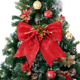 4 PCS Red Christmas Bows w. Pinecone for Wreath Garland Tree Topper Christmas Tree, Christmas Tree Bow 13" x 12" Each Bow, Door Decoration, Swag, Wreath, Garland, Boxing Day, Fall, Winter(4pcs)