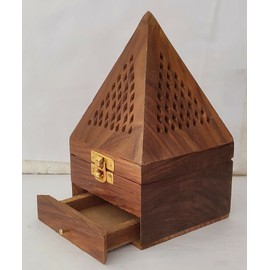 Sharvgun Woden Tea Light Holder Pyramid Shaped Home Décor Incense Burner Cone Holder with 1 Compartment Handcrafted Housewarming Gift 7 Inch