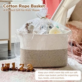 Goodpick Woven Storage Basket, Cotton Rope Basket for Dog Toys, Books, Stylish Gift Basket with Handles, 13 x 10 x 9 Inches Square Baskets for Organizing, Brown and White
