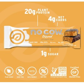 No Cow High Protein Bars, Dipped Variety Pack - Healthy Snack, 20g Vegan Protein, High Fiber, Low Sugar, Keto Friendly, Dairy & Gluten Free (12 Count)