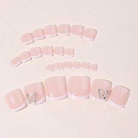 24Pcs French White Press on Toenails Short Square, ZIFANHU Pink Fake Toe Nails Press ons Nail Tips Full Cover Acrylic Summer False Toenails Rhinestones Butterfly Design Glue Stick on Nails for Women