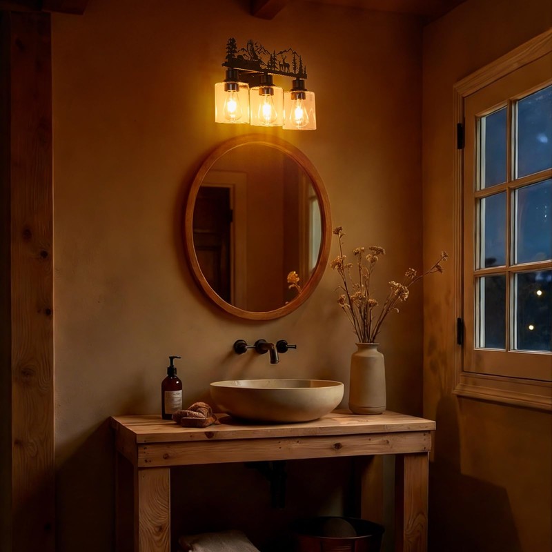 MLGB Rustic Farmhouse Bathroom Vanity Light, 3-Light Deer & Forest