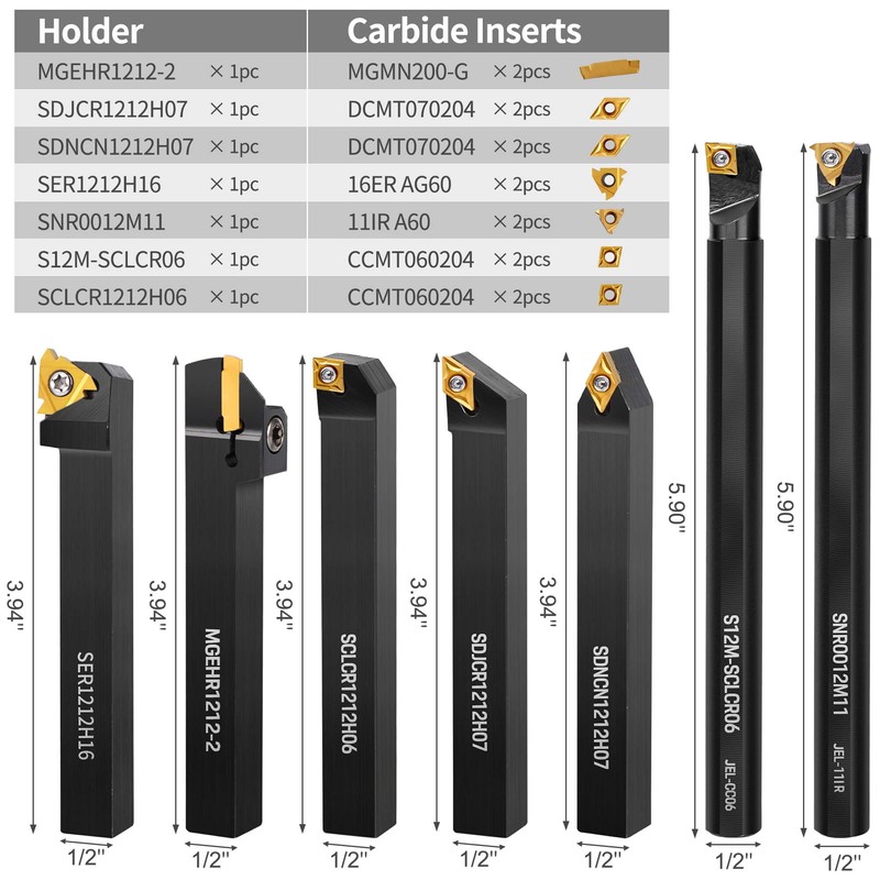 Lathe Turning Tool Kit, 7pcs 1/2'' Indexable Metal Lathe Tool