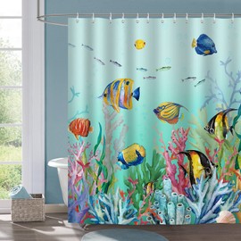 Bonhause Shower Curtain Fish Coral Underwater Ocean Blue Shower Curtains 180 x 180 cm Anti-Mould Waterproof Polyester Fabric Washable Bathroom Curtain for Bathroom with 12 Hooks
