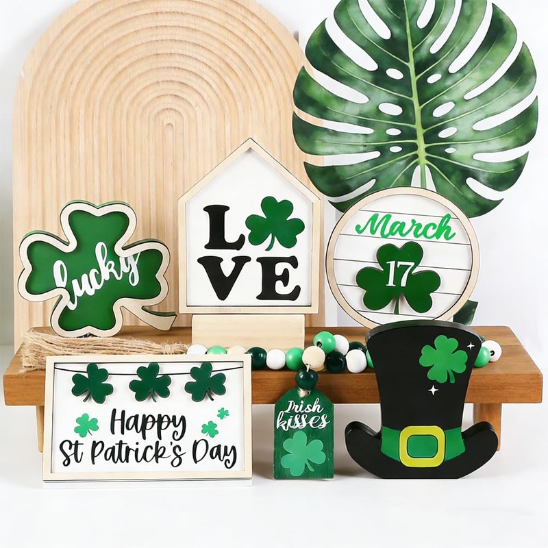 DIYDEC 6Pcs St.Patrick's Day Table Decoration Luck Shamrocks Wooden Signs