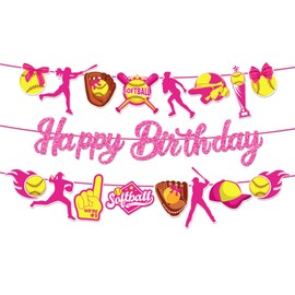 Softball Birthday Banner Set - Glitter Happy Birthday Sign & 2 Softball Garlands, Hot Pink & Yellow Sports Theme Party Decor for Girls, Baby Showers, Sports Celebrations