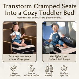 Plumb Line Products New 2025 Toddler Airplane Bed – Travel Bed & Airplane Seat Extender for Kids with Carry Bag, Air Pump, Pillow & Blanket – Black & Beige