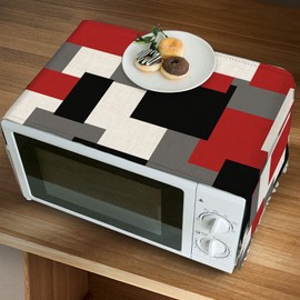 Microwave Oven Cover Dust Oil Proof Cloth Linen Machine Protector Decorative Kitchen Appliance Cover with Side Storage Pockets 11.8x35.4inches Abstract Geometric Red Black White Gray